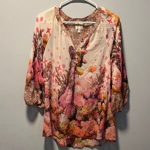 Anthropologie Fig and Flower Sheer Flowy Pink and Cream Floral Blouse